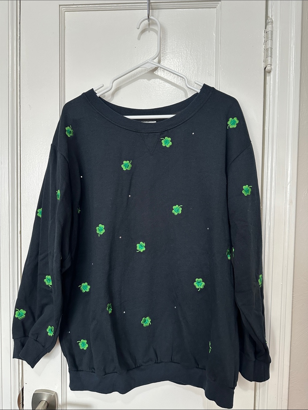 Quacker Factory Black Sweatshirt with Green Shamrock Motif